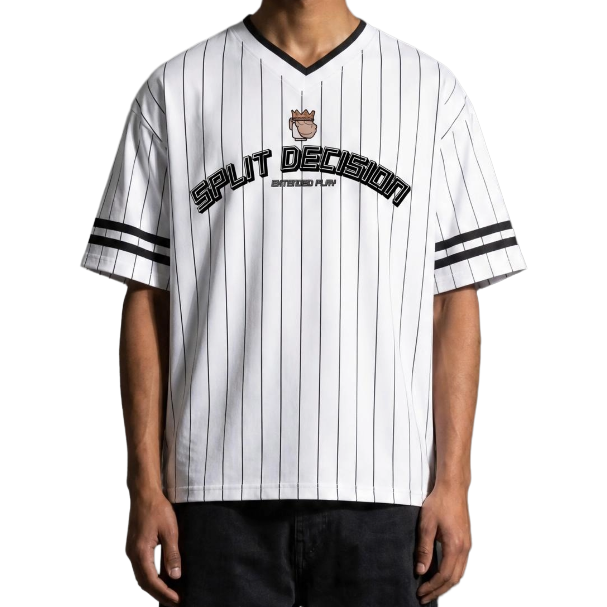 "LIFE OF SQUINTING" Striped  V-Neck T-Shirt