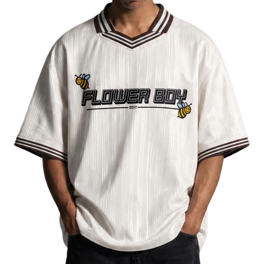 "FLOWER BOY" contrast stripes collar jersey