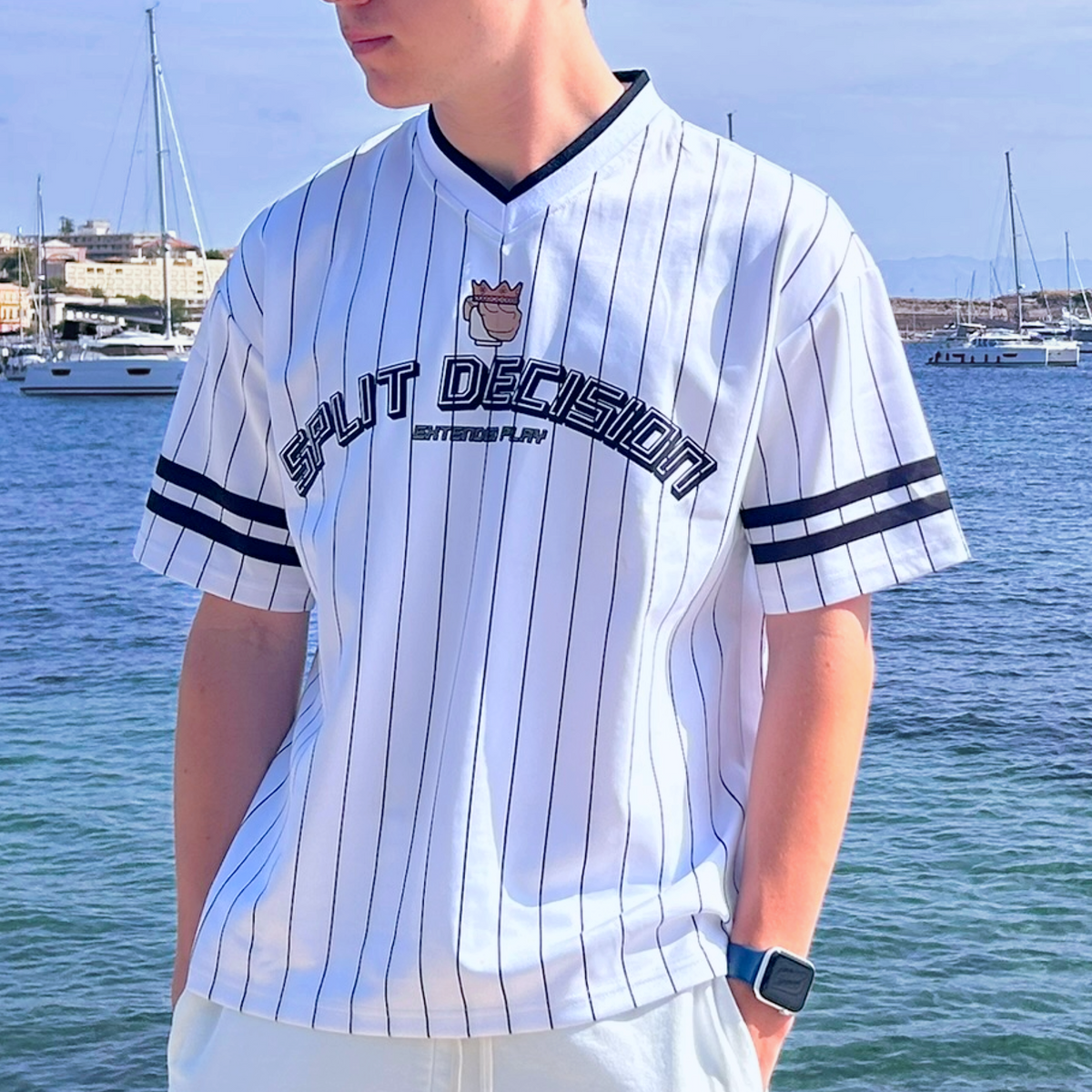 "LIFE OF SQUINTING" Striped  V-Neck T-Shirt