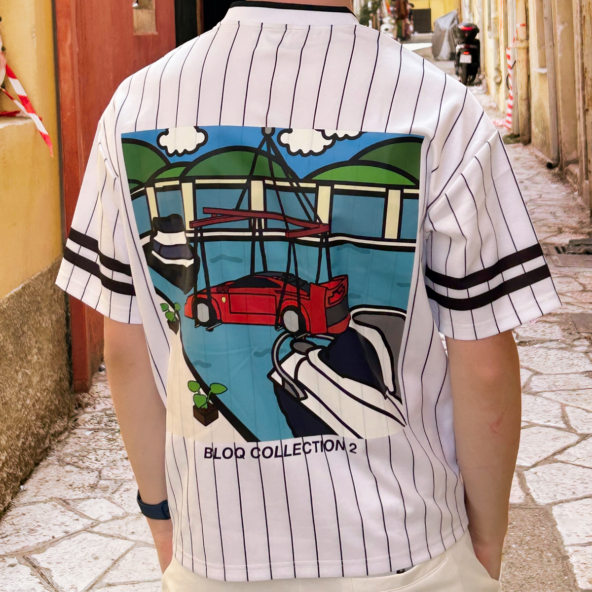 "LIFE OF SQUINTING" Striped  V-Neck T-Shirt